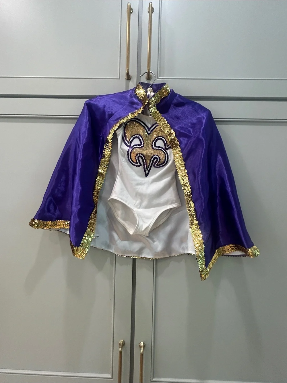 LSU Golden Girl Costume Leotard & Cape Purple Gold Girls S (4/5)